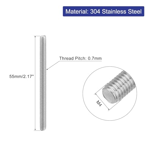 uxcell 8Pcs Fully Threaded Rod, M4 x 55mm 304 Stainless Steel Right Hand Thread Bar Studs M4-0.7 Thread Pitch for Furniture Machinery Assembly - size: M4 x 55mm