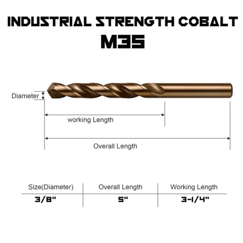 Narwhal 3/8" Drill Bits (M35 Cobalt - 3 Pack) 5" Length for Drilling Into Metal, Hardened & Stainless Steel - size: 3/8 in