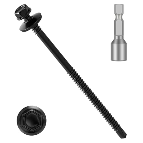 40 PCS #12 x 4 Black Self Drilling Metal Roofing Screws, Hex Head Self Tapping Sheet Metal Roof Screw with Rubber Washer for Wooden Siding - size: #12 x 4"