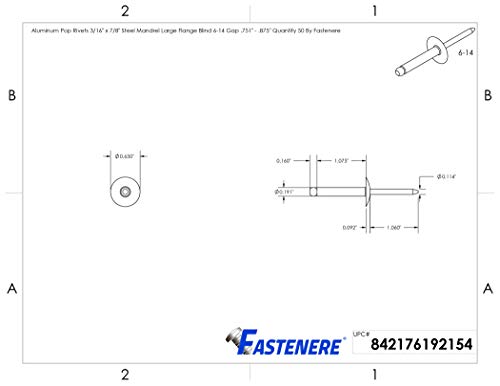 Fastenere Large Flange Pop Rivets - 3/16" x 7/8" (50 Pack) Aluminum Body Steel Mandrel, Heavy Duty Dome Head Blind Rivets, Open End 6-14 Gap .751" - .875" - Corrosion Resistant, High Shear Strength - size: 3/16" x 7/8" (6-14) (50 Pack)