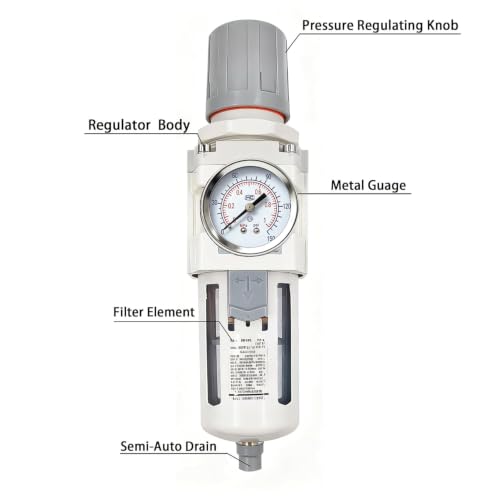 XingNEeng 3/8" NPT Compressed Air Filter Regulator Combo Piggyback, Water/Oil Trap Separator with Pressure Gauge(0-150 psi), Semi-Auto Drain, Poly Bowl, 5 Micron Brass Element, Metal Bracket - color: 3/8" Npt, size: Semi-Auto Drain
