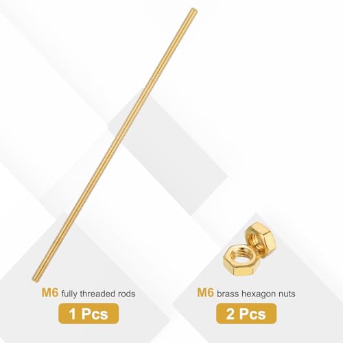 uxcell Brass Fully Threaded Rod, M6x1mm Pitch Right Hand Threads Studs with Solid Brass Hex Nuts, 250mm/10 Long Threaded Screw Rods Fasteners for Anchors Bolts Hangers Clamps - size: M6x1mmmm250mm
