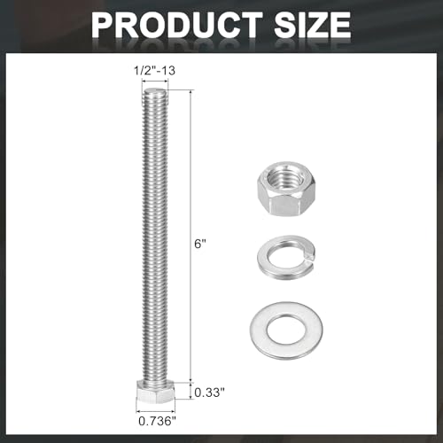 uxcell 20Set Hex Head Screw Bolt, 1/2-13 x 6 304 Stainless Steel Fully Threaded Screw Bolt with Nuts, Flat & Lock Washers, Silver - size: 1/2-13 x 6"