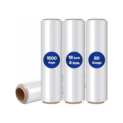 NorthSky Industrial Stretch Wrap, 18" x 1500', 80 Gauge 30 Microns, Up to 800% Stretch, Clear Heavy Duty Self-Adhering Plastic Film for Pallet Packing Moving Shipping Box of 4 Rolls - size: 80 Gauge 18'' x 1501'