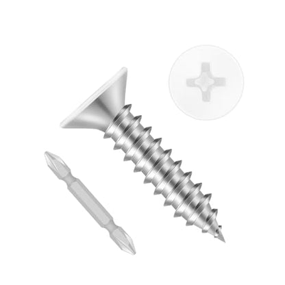 #6 x 1 Flat Head Self Tapping Screws, White Head Wood Screw, 304 Stainless Steel 18-8, Screwdriver Bit Included, 100 PCS - color: White, size: #6 x 1"