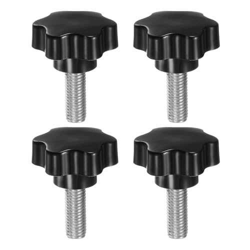 HARFINGTON 4pcs Star Knobs M12 x 35mm 304 Stainless Steel Threaded Stud 46mm Plastic 6-Star Head Hand Tightening Thumb Screw Clamping Jig Knob Handle, Black - size: M12 x 35mm x 46mm