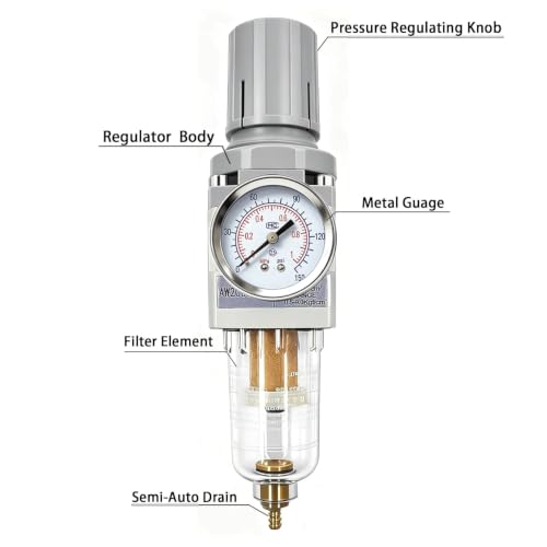 XingNEeng 1/4" NPT Compressed Air Filter Regulator Combo Piggyback, Water/Oil Trap Separator with Pressure Gauge(0-150 psi), Semi-Auto Drain, Poly Bowl, 5 Micron Brass Element, Metal Bracket - color: 1/4" Npt, size: Semi-Auto Drain