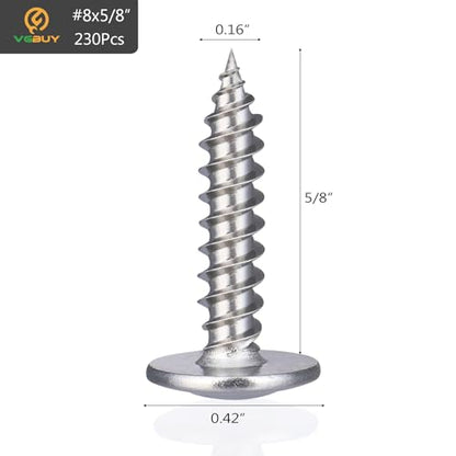 VGBUY 230Pcs #8x5/8 Wood Screws Phillips Modified Truss Head Stainless Steel 410 Quick Metal Self Tapping Screws - color: Silver, size: #8 x 5/8 inch