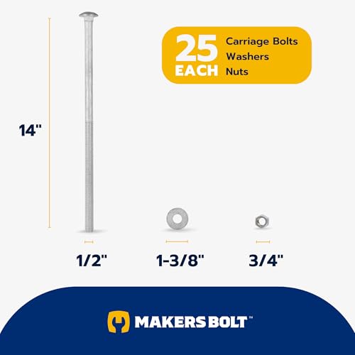 1/2" x 14" (25 Pack) Galvanized Carriage Bolt Kit Grade 307A Includes 1/2" USS Flat Washers (25 pcs) and 1/2"-13 Hex Nuts (25 pcs), Hot Dip Galvanized for Exterior Use by Makers Bolt - size: 1/2 x 14