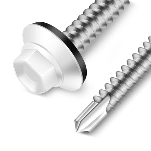 #14 x 1-1/4" Zinc Plated Steel Self Drilling Roofing Screws, Hex Head Self Tapping Screws with EPDM Washer, White Head, 50 PCS - color: White, size: #14 x 1-1/4"