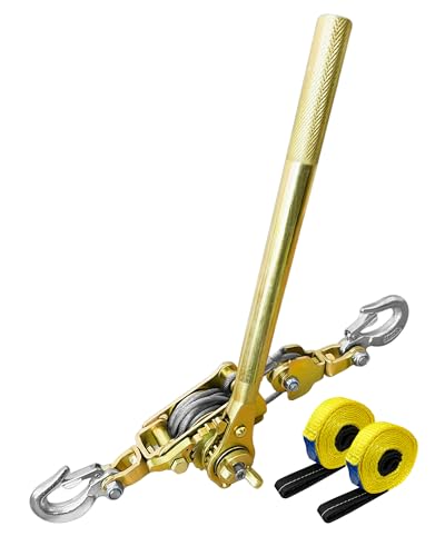 Come Along Winch Puller 3T 10FT, Cable Hoist Winch Puller with 2 Hooks, 2 Towing Straps 8FT, Come Along Tool Heavy Duty, Ratchet Puller for Lifting Pulling Construction Building - size: 3T-10FT(+2straps)