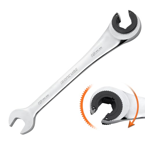 ironcube 18mm Brake Line Wrench Set: Metric Ratcheting Open-end for Nuts on Fuel, Brake or Air Conditioning Lines