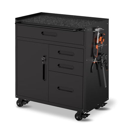 Metal Mobile Tool Storage Cabinet with 4 Drawer and 1 Locking Door - color: Black, style: 4 drawers 1 door with wheels