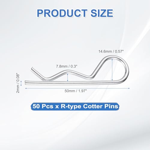 50pcs Heavy Duty Hitch Pin Clip R Clips (M2 x 50mm) - Spring Retaining Wire Cotter Hair Pins, for Trailer Locking Lawn Mowers Tractor Carts Truck - size: M2x50mm