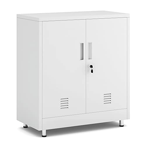 JINGUR Metal Storage Cabinet with Locking Doors and Adjustable Shelf, Small Lockable Sideboard Buffet Cabinet for Home Office Hallway Entryway Living Dining Room (White) - color: White