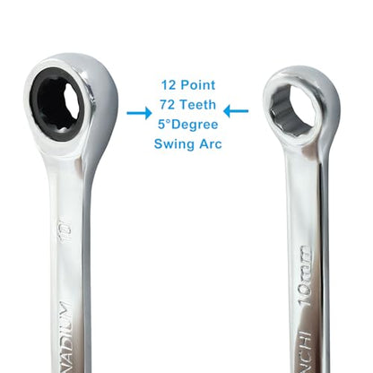 10mm Ratcheting Wrench 2 Pcs 72-Tooth 12-Point Chrome Plated - size: 0.39 Inch