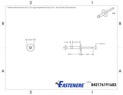 Fastenere Large Flange Pop Rivets - 3/16" x 1/2" (25 Pack) Heavy Duty, Stainless Steel Blind Rivets, Open End 6-8 Grip Range .376" - .500", Corrosion Resistant, High Tensile & Shear Strength - size: 3/16" x 1/2" (6-8) (25 Pack)