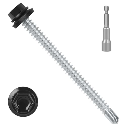 #14 x 5 (50 PCS) Black Metal Roofing Screws with Rubber Washer, Hex Head Self Tapping Screws for Metal, Self Drilling Sheet Metal Screw - size: #14 x 5"