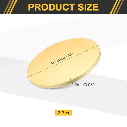 uxcell 2Pcs Brass Round Plate, 0.08"(2mm) Thick 2.4"(60mm) Dia H65 Brass Round Disc Blank Metal Sheet Copper Circle Disc for Metal Stamping DIY Crafts - size: 0.08"x 2.4"