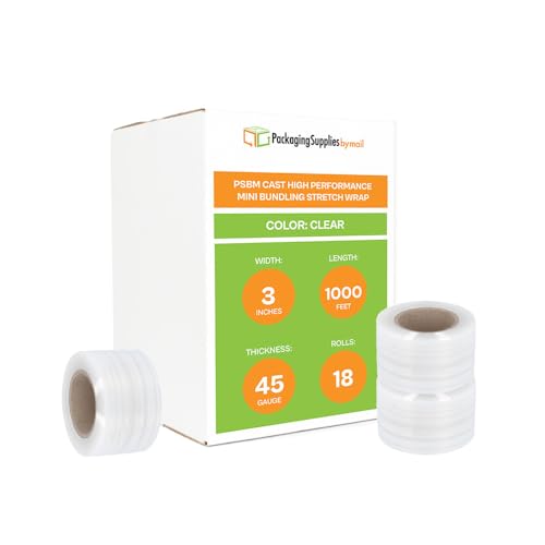 PSBM Mini Stretch Wrap with Plastic Handle, 18 Rolls 3 Inch x 1000 Feet 45 Gauge Heavy Duty Clear Plastic Wrap Industrial Strength Shrink Film for Moving, Packing & Shipping - size: 3 Inch, style: 45 GA