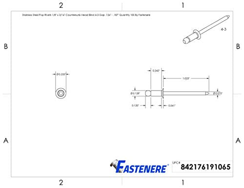 Fastenere Pop Rivets - 1/8" x 3/16" (50 pcs) Heavy Duty, Open-End, Stainless Steel, Dome-Head Blind Rivets, Corrosion-Resistant, High Tensile & Shear Strength, 4-3 Gap .126" - .187" - size: 1/8" x 3/16" (4-3) (100 Pack)