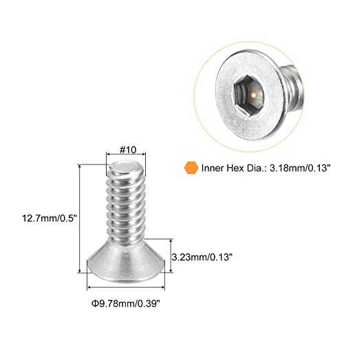 uxcell #10-24x1/2 Flat Countersunk Head Socket Cap Screws, 50Pcs 304 Stainless Steel Hex Socket Flat Head Screws, Full Thread, Countersunk Bolts - size: #10-24x1/2"