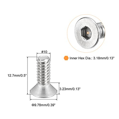 uxcell #10-24x1/2 Flat Countersunk Head Socket Cap Screws, 50Pcs 304 Stainless Steel Hex Socket Flat Head Screws, Full Thread, Countersunk Bolts - size: #10-24x1/2"