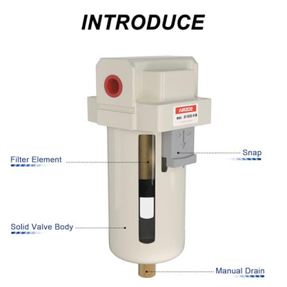 AIRZOE 1/2" NPT Compressed Air Filter, Semi-Auto Drain,0-150psi, AF4000-04 - size: 1/2" NPT