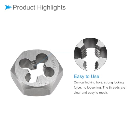 Hex Rethreading Die, M10 x 1.25 Pitch, Carbon Steel Cylindrical Pipe Threading Tool with 4 Chip Holes - (Applications: for Threading Repairing) - size: M10x1.25