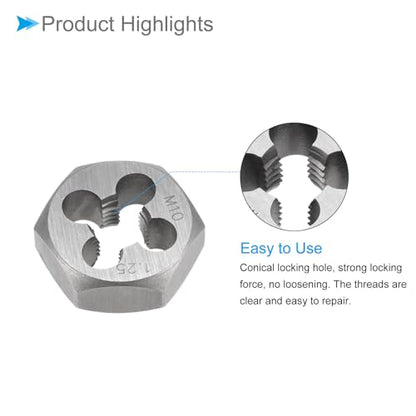 Hex Rethreading Die, M10 x 1.25 Pitch, Carbon Steel Cylindrical Pipe Threading Tool with 4 Chip Holes - (Applications: for Threading Repairing) - size: M10x1.25