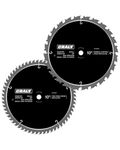CRALY 10 Inch 24&60 Teeth General Purpose/Fine Finish Wood Cutting Circular Saw Blade, 5/8 Inch Arbor, for Table Saw & Miter Saw, Carbide Tipped, Thin Kerf, for Cutting Plywood, MDF, OSB, Laminated - size: 10'', 5/8'' arbor, 24&60T