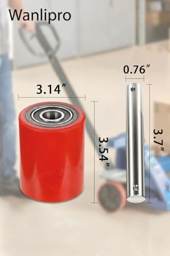 Pallet Jack Wheels Replacement, 2 Pack Pallet Jack/Truck Load Wheels 3.14" x 3.54" PU Tread with Pre-Installed Bearings (20mm ID), Includes 2 Axles (3.7") & 2 Pins for Manual Hand Pallet Truck - size: 3.14"x 3.54"