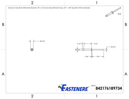 Fastenere Pop Rivets 1/8" x 1/2" (100 pcs) Aluminum Body Steel Mandrel, Heavy Duty, Open End, Low Carbon Steel, Dome Head Blind Rivets, Corrosion Resistant & High Shear Strength, 4-8 Gap .376" - .500" - size: 1/8" x 1/2" (4-8) (100 Pack)