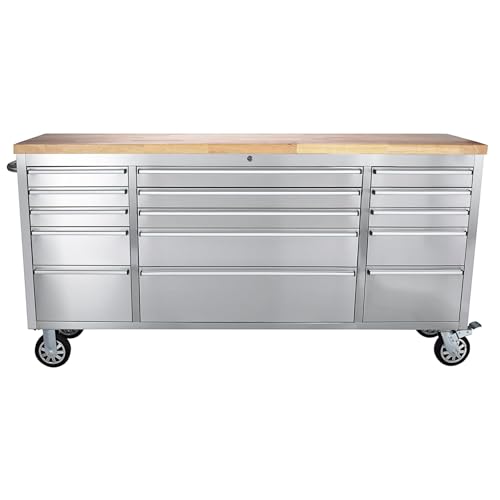 72" Heavy-Duty Rolling Tool Chest & Garage Workbench with 15 Drawers, Steel Cabinet, Rubber Wood Top, Key Locking System, Drawer Liners, On Wheels for Warehouse Repair Shop, Silver - size: 72 Inch Silver