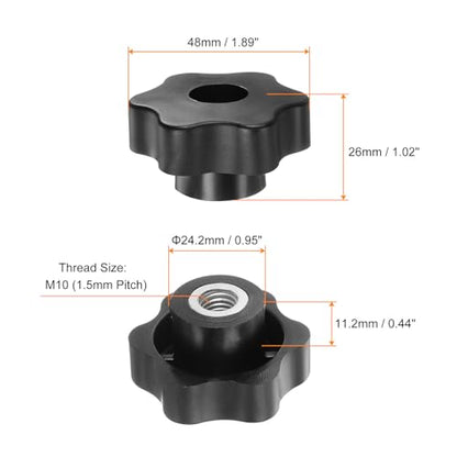HARFINGTON 4pcs Star Knobs M10 Female Thread 48mm Head Plastic Through Hole Brass Screw-in Clamping Handles Threaded Hand Knobs, Black - color: Black, size: M10 x 48mm