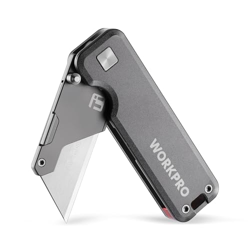 WORKPRO Premium Titanium Utility Knife, CNC Unibody, Lightweight Aluminium Handle Folding Box Cutter, Quick Change Blade Razor Knife,Ideal Gifts for Men Women, with 10 Extra Blades - color: Gray