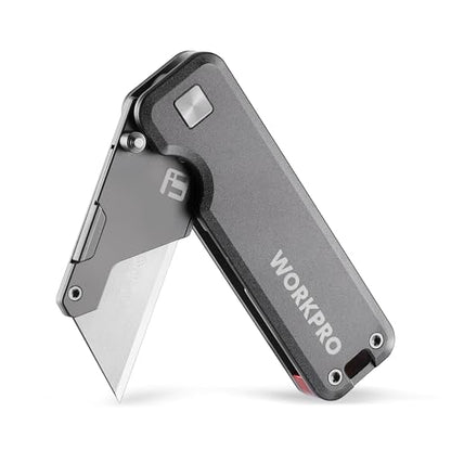 WORKPRO Premium Titanium Utility Knife, CNC Unibody, Lightweight Aluminium Handle Folding Box Cutter, Quick Change Blade Razor Knife,Ideal Gifts for Men Women, with 10 Extra Blades - color: Gray