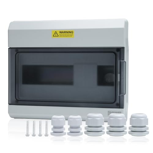 12 Way Distribution Protection Box,ABS/PC Alloy Plastic Transparent Cover Circuit Breaker Box IP66 Waterproof Distribution Box with DIN Rail and Waterproof Connector, White, 12WAY-BOX - size: HS-12