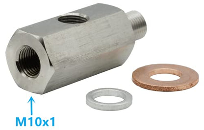 M10 Oil Pressure Sensor Tee Adapter Turbo Supply Feed Line Gauge M10x1.0 Female to M10 x 1.0 Male with 1/8 NPT Side Port Stainless Steel Hose T Fittings - size: M10x1 to M10x1, 1/8"NPT