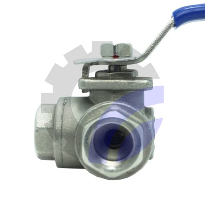 3/4" Female NPT 3-Way Reducing Ball Valve, L Mounting Pad AF Hydro Stainless Steel SS316 Standard for Water, Oil and Gas with Blue Locking Handle - size: 0.75 Inch