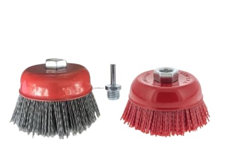 6 Inch Abrasive Nylon Cup Brush Combo with Drill Adapter – Red 180 Grit & Gray 80 Grit, 5/8"-11 Thread Arbor, Dual-Grit Filament Brush Set for Grinder or Drill, Rust & Paint Removal, Polishing