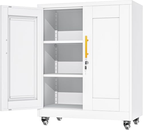 35.4" Metal Garage Storage Cabinet with Wheels and Locking Doors - color: White, size: 35.4''H x 27.6''W x13.8''D