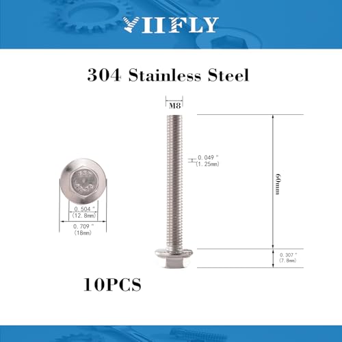 M8x1.25 x 60mm Flanged Hex Head Bolts, 304 Stainless Steel (A2-70), Bright Finish, Fully Threaded, Hexagon Head Flange Bolts, Quantity 10 - size: 60mm(10PCS)