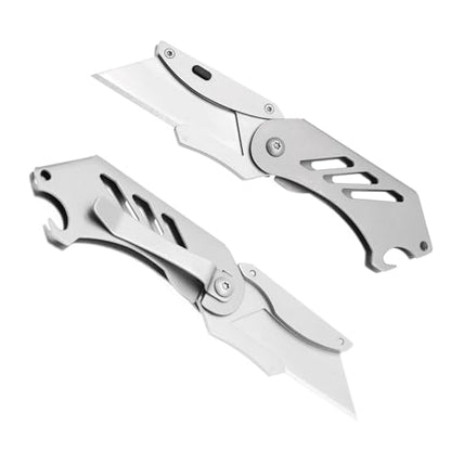 Small Utility Knife, Mini Box Cutter with Bottle Opener, Compact Portable Light Weight Everyday Carry Extra SK5 Replacement blades Foldable Quick Change Pocket EDC Gear for Carton, Carboard (Silver) - color: Silver