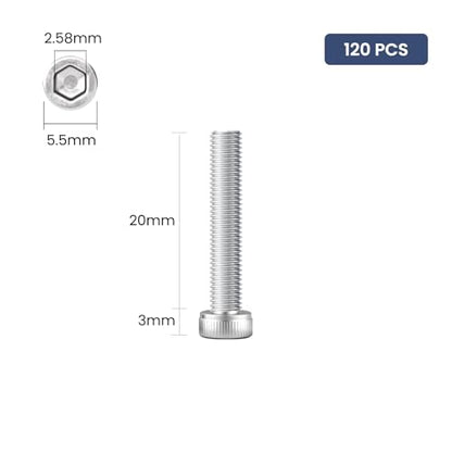 120pcs M3 x 20mm Hex Socket Head Cap Screws Bolts, 304 Stainless Steel 18-8, Allen Socket Drive,Bright Finish, Full Threads,with Hex Spanner - size: M3 x 20mm
