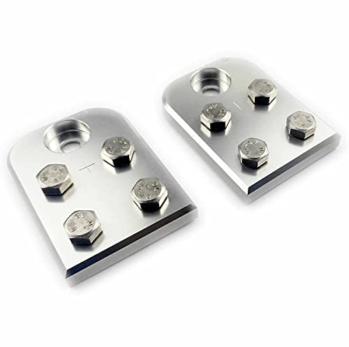 A pair of 4-point flat lug battery terminal blocks, using stainless steel bolts