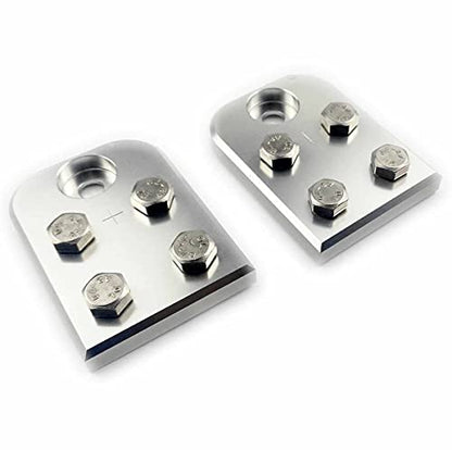 A pair of 4-point flat lug battery terminal blocks, using stainless steel bolts