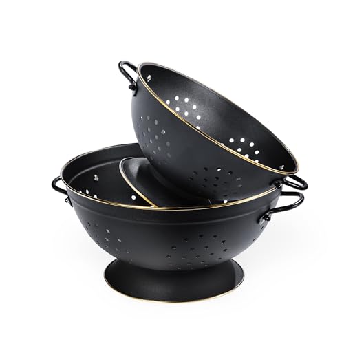 Metal Colander Set of 2, Strainer Basket with Handles perfect for Spaghetti, Pasta, Berry, Vegetable, Fruit, Solid Base Powder Coated Self-draining Kitchen Colander Bowel, 3.5 & 5 Qt, Matte Black - color: M-BLACK