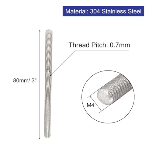 uxcell M4 x 80mm 304 Stainless Steel Fully Threaded Rod Bar Studs Hardware 10 Pcs - size: M4 x 80mm