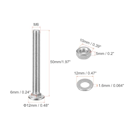 uxcell M6x50mm Square Neck Carriage Bolts with Nuts & Washers, 24Set 304 Stainless Steel Round Head Square Neck Coach Bolt Screws, Silver Tone - size: M6x50mm